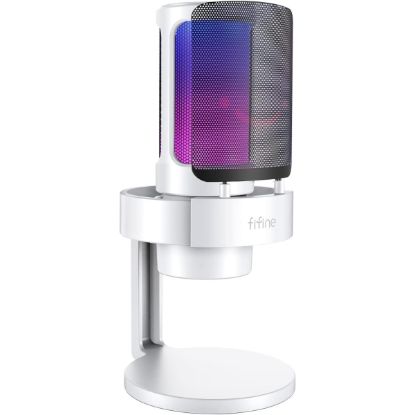 Picture of Fifine Ampligame A8 Usb Mic With Controllable Rgb, Live Monitoring, Input Dial, Pop Filter For Streaming - White