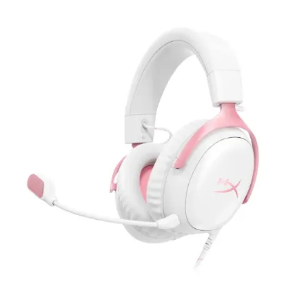 Picture of HyperX Cloud III DTS:X Spatial Virtual 3D Surround Sound Gaming Headset w/ Improved Bass & Superior Noise-cancelling Mic Quality & Onboard Controls , Multiplatform Compatibility (USB-C, USB-A, and 3.5mm) - White-Pink