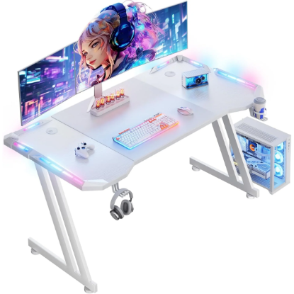 صورة طاولة قيمنق HLONONE - سطح كربوني بمقاس 120×60 سم، إضاءة RGB LED، خطاف لتعليق السماعة، حامل كوب، تنظيم كابلات، تصميم إطار ZZ مريح، لون أبيض