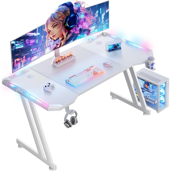 صورة طاولة قيمنق HLONONE - سطح كربوني بمقاس 120×60 سم، إضاءة RGB LED، خطاف لتعليق السماعة، حامل كوب، تنظيم كابلات، تصميم إطار ZZ مريح، لون أبيض