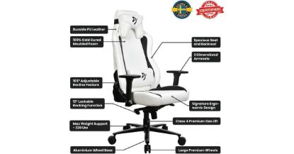 Picture of Arozzi Primo Premium PU Leather Gaming Chair - Recliner, Swivel, Tilt, Rocker, Adjustable Height, 4D Armrests, Neck Pillow, Built-in Lumbar Adjustment, White