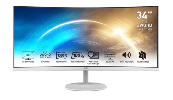 Picture of MSI PRO MP341CQW E12 34" Business & Productivity Curved 1500R 2K UWQHD VA, 120Hz Refresh Rate, 1ms, 1.07b Color Support, Built In Speakers - White