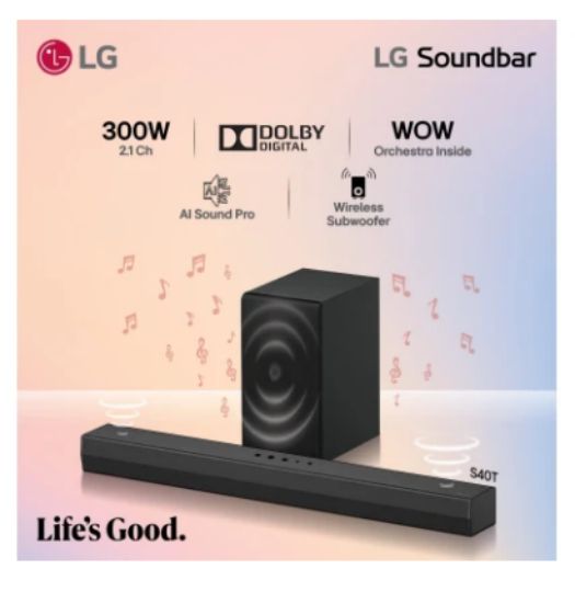 صورة ساوند بار LG S40T بنظام 2.1 قناة وقوة 300 واط مع سبووفر لاسلكي - أسود مرآة