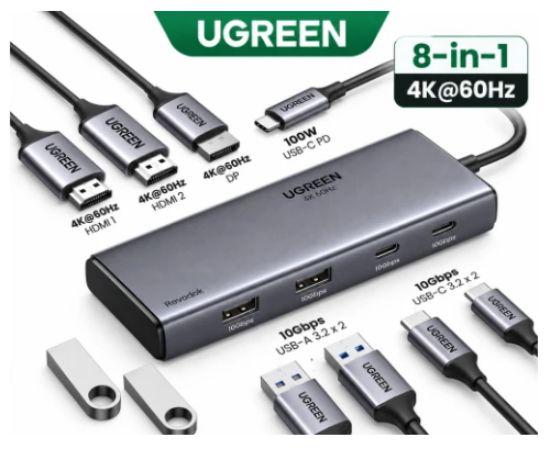 صورة محطة توصيل UGREEN 35625 ثماني المنافذ USB-C مع HDMI مزدوج، DisplayPort وشحن 100 واط PD - رمادي