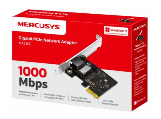 صورة كرت شبكة Mercusys MA210E PCIe جيجابت للكمبيوتر، يدعم Wake on LAN، إيثرنت موفر للطاقة، تحكم بالتدفق، متوافق مع Windows
