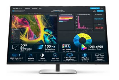 Picture of HP Pro 527pu Ultraslim 27" IPS 2K 100Hz 4-Way Adjustable Stand 100% sRGB 350nits Low Blue Light, Anti-glare, HP Eye Ease w/ DisplayPort 1.4 In/Out, USB-A, USB-C, & RJ-45 Ethernet